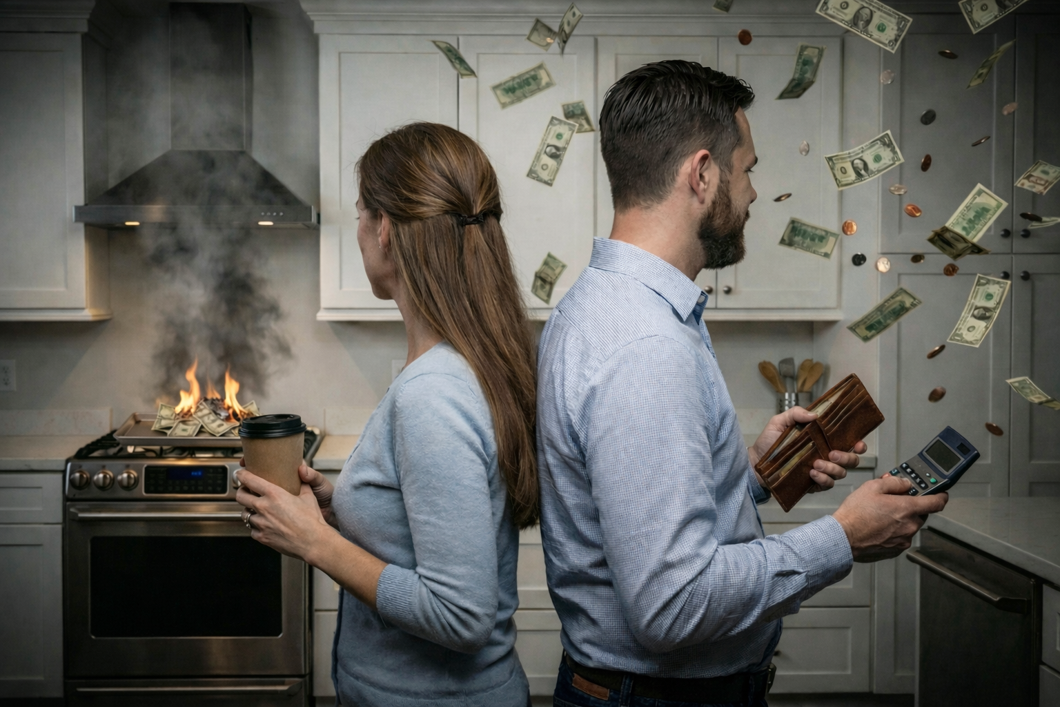 husband and wife turning their back on each other while money burns. Husband is holding a calculator and wallet, wife is holding a cup of coffee. talk about money with spouse start war
